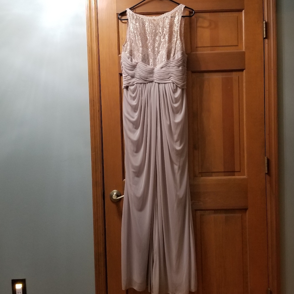 Champagne formal gown with lace and ruching